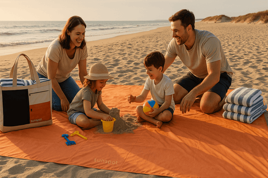 family enjoys beach with SunSpot beach tote and blanket