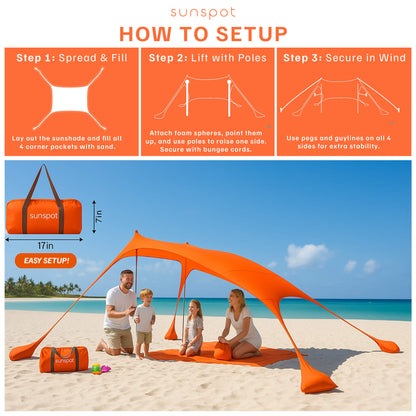 Sunshade setup instructions with a family using it on a beach