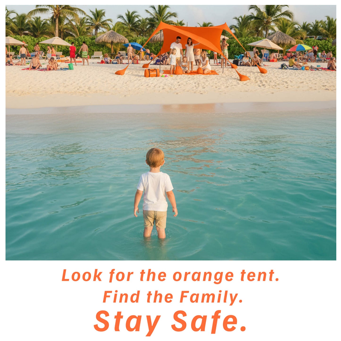 Child wading in water with text overlay on a beach scene