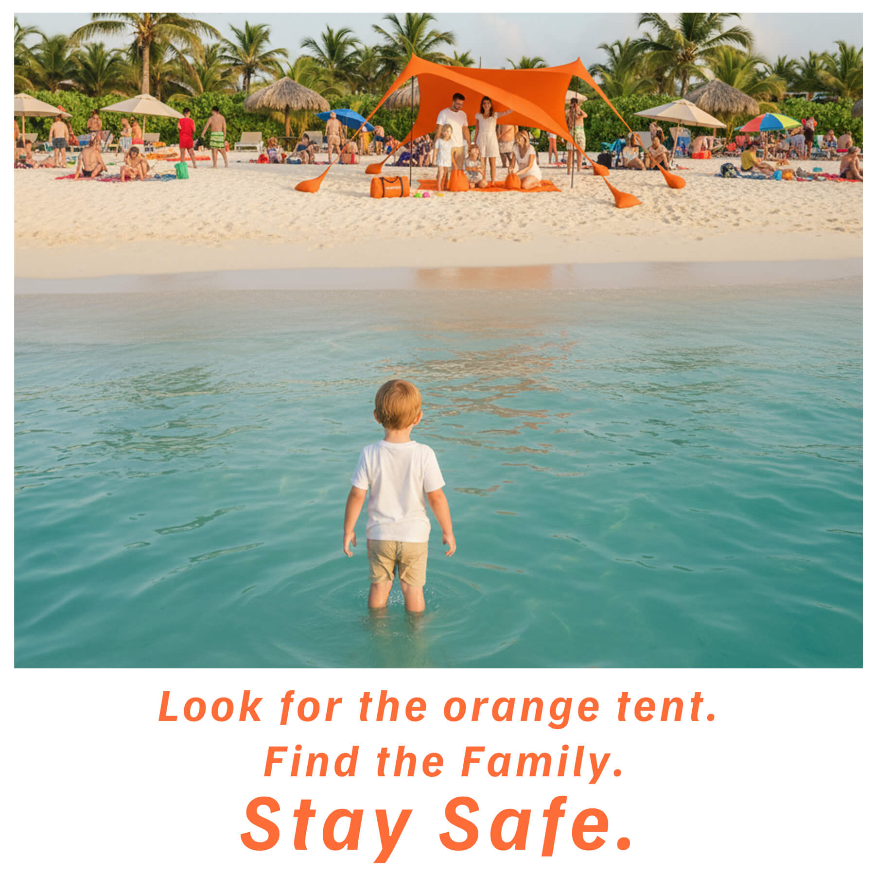 Child wading in water with text overlay on a beach scene